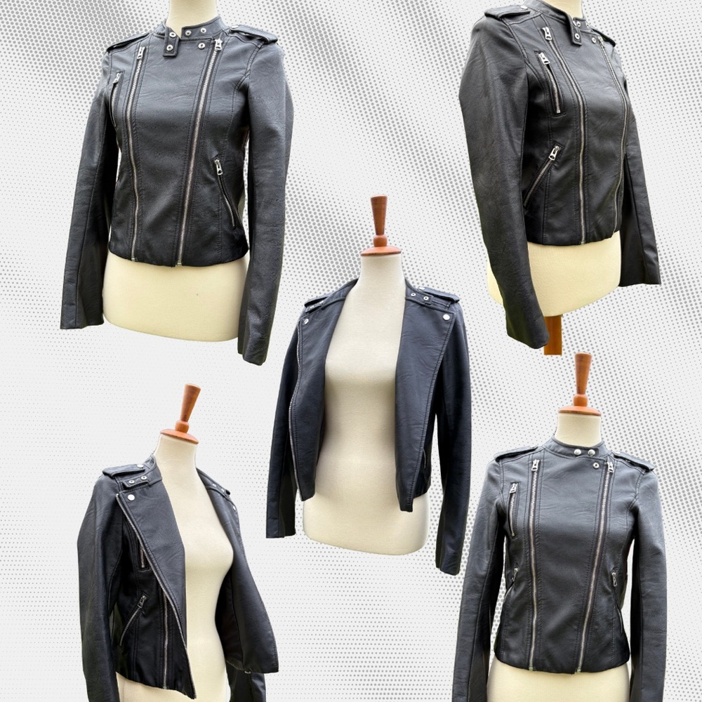 H&M Black Leather Biker Jacket with Quilted Panels